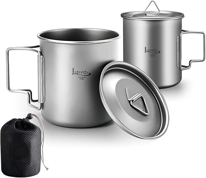 Titanium Pot with Lid, Lightweight Camping Pot with Foldable Handles, Portable Titanium Cooking Pot, Backpacking Pot Titanium Cookware with Carry Bag