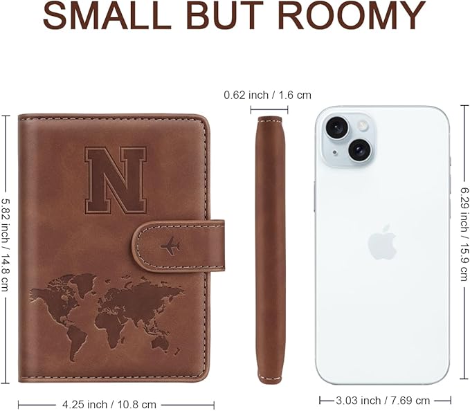 Passport Holder Wallet Cover Personalized Letter A-Z Travel Wallet RFID Blocking Passport Cover Wallet Case for Travel Passport Book Holders for Women and Men, Brown-N