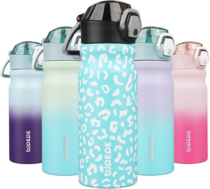 BJPKPK Insulated Water Bottle 18oz Stainless Steel Water Bottles With Straw And Carry Handle Double Wall Metal Thermo,Sky Blue Leopard