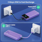 Portable Charger 40800mAh with 3 Built-in Cable,PD 25W USB C in&Out Power Bank Fast Phone Charging,QC4.0 LED Display 5 Output External Battery Pack Compatible with iPhone 16/15,Samsung Android-Purple