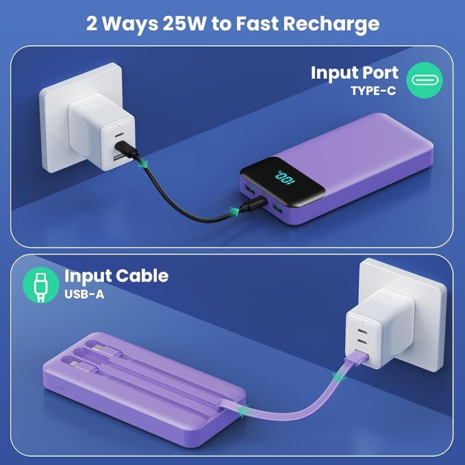 Portable Charger 40800mAh with 3 Built-in Cable,PD 25W USB C in&Out Power Bank Fast Phone Charging,QC4.0 LED Display 5 Output External Battery Pack Compatible with iPhone 16/15,Samsung Android-Purple