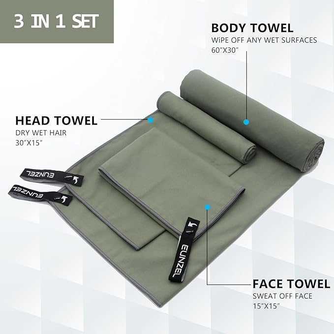 Eunzel 2 Pack Quick Dry Camping Towel, Microfiber Travel Towel 3 Size at 1 Pack,Fast Drying Towel Set for Camping, Beach, Gym, Sports, Yoga & Swimming Pool, Army Green/Grey