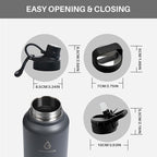 Stainless Steel Sports Water Bottle with Straw Lid Dustproof, 3 Lids, 24/32/40/64 oz BPA Free Vacumm Insulated Water bottle, Leakproof and Sweat Free, Perfect for The Go - 40 Oz Grey