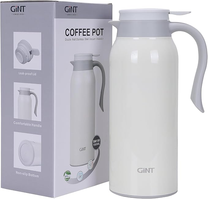 GiNT 51 Oz Stainless Steel Thermal Coffee Carafe, Double Walled Vacuum Insulated Flask, 12 Hour Heat Retention, 1.5 Liter Tea, Water, and Coffee Dispenser (Upgraded version White)