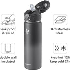 Enerbone 24 oz Insulated Water Bottle, Stainless Steel Bottle with Carrying Strap, Double-Wall Vacuum Insulation Design, Leakproof Sports Bottle with Straw, Keep Drinks Cold or Hot for Hours