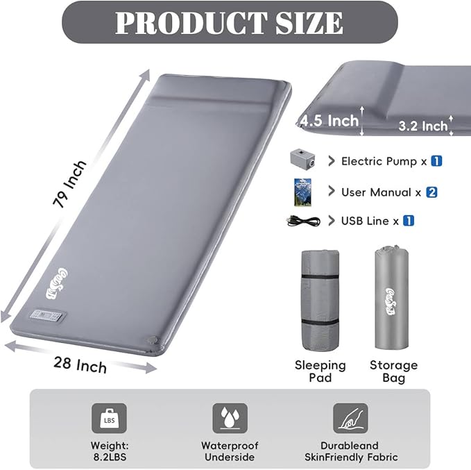 Camping Sleeping Pad Self Inflating Sleeping Pad with Electric Pump, 3.2" Ultra-Thick Memory Foam Sleeping Mat with Pillow, Camping Mattress Compact for Backpacking Hiking Traveling