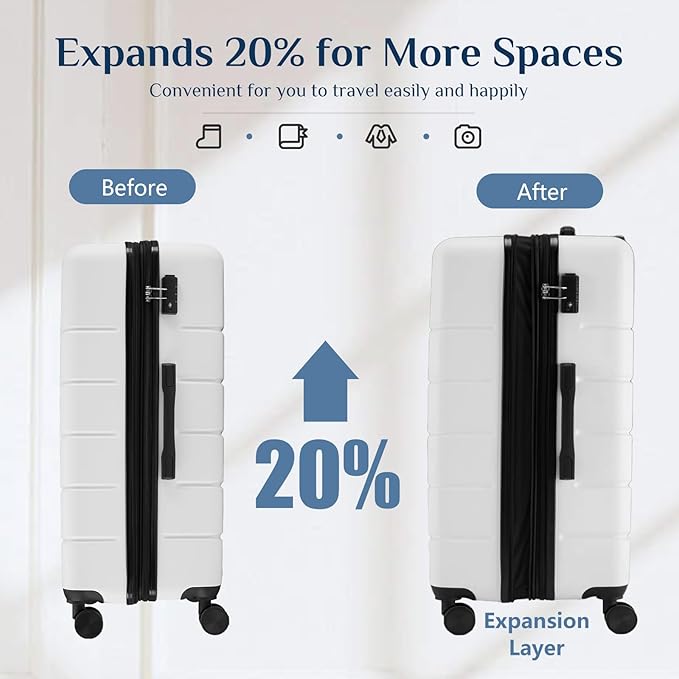 OLIXIS 3-Piece Luggage Set, Carry On Suitcases with Spinner Wheels, Expandable Travel Luggage with TSA Approved Lock & ABS Hard Shell, White, 20/24/28 Inch
