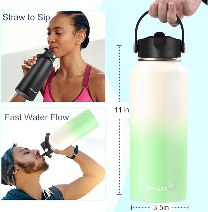 Water Bottle Insulated 32oz 40oz 64oz 128oz Straw Lid Spout Lid & 3 Lids, Leak Proof, Vacuum Insulated,Stainless Steel Water Bottle Wide Mouth for Sports, Gym or Office