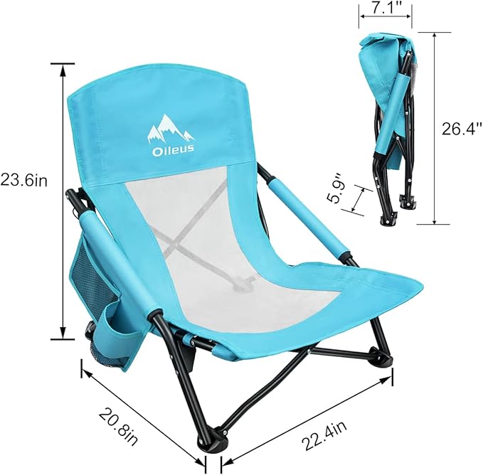 Oileus Low Beach Chair for Beach Tent/Shelter/Camping/Outdoor Ultralight Backpacking Folding Recliner Chairs with Cup Holder/Storage Bag, Carry Bag, Breeze Mesh Back, Compact Duty 2 Pcs