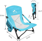 Oileus Low Beach Chair for Beach Tent/Shelter & Camping/Outdoor Ultralight Backpacking Folding Recliner Chairs with Cup Holder/Storage Bag, Carry Bag, Breeze Mesh Back, Compact Duty 1 Pcs Chair