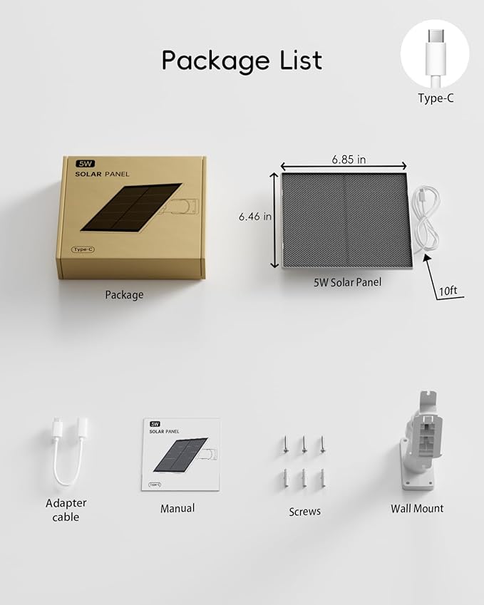 ZUMIMALL 5W Solar Panel for Security Cameras Wireless Outdoor, with Micro USB & Type-C Port, High-Efficiency Solar Power, IP66 Weatherproof, 360° Adjustable Bracket, 10ft Cable