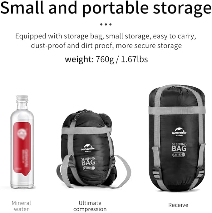 Naturehike Lightweight Compact Sleeping Bag, Envelope Ultralight Backpacking Sleeping Bag Portable, Waterproof, Comfort with Compression Sack for Cold&Warm, Camping, Traveling, Hiking