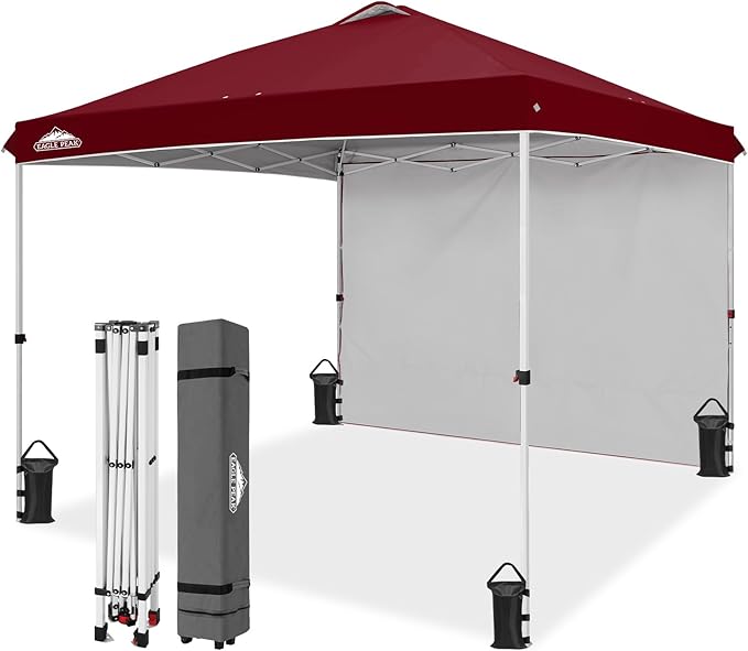 EAGLE PEAK Pop Up Canopy Tent with 1 Sidewall, Easy Setup Event Tent, Outdoor Sun Shade, Wheeled Carry Bag, Stakes and Guy Ropes, Instant Canopy 10x10, Burgundy