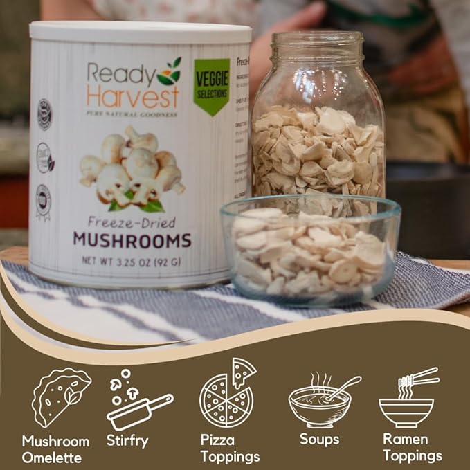 Ready Harvest Freeze-Dried Mushroom for Emergency Food Supply | Camper Must-Haves Camping Essentials | Hurricane Preparedness Items, Survival Food, Pantry Staples | #10 Can | 25-Year Shelf Life