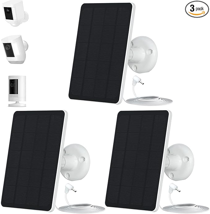 3-Pack 5W Solar Panels for Security Cameras with 360° Adjustable Mounting - IP65 Waterproof - 9.8 Ft Charging Cable - Micro USB & USB-C & DC3.5mm Ports