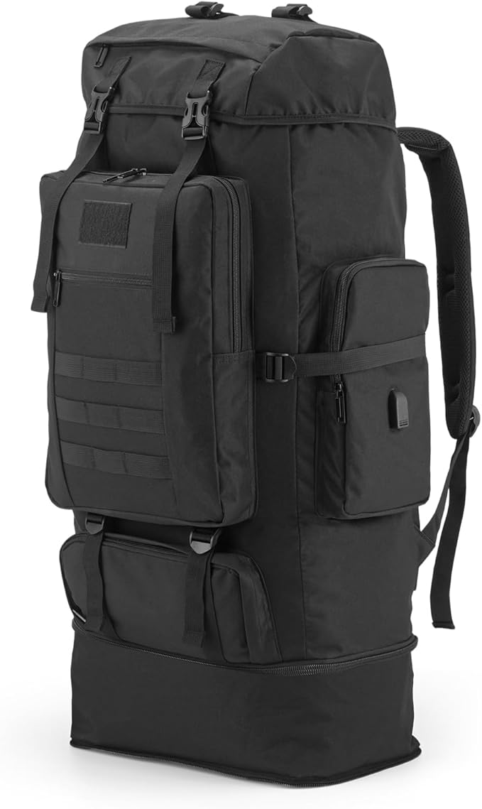 100L Hiking Backpack Tactical Military Molle Rucksack with USB Charging Port - Large Capacity Men Women Camping Gear for Backpacking, Trekking, Climbing, Outdoor Travel (Black)