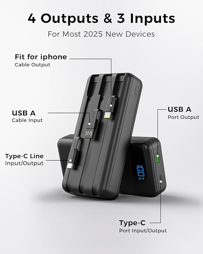 Portable Charger 40000mAh Power Bank - PD 22.5W Fast Charging Battery Pack, Built-in Cable Phone Charger 4 Output 3 Input, Compatible with iPhone 16 15 14 13 Android Samsung, Travel Camping Essential