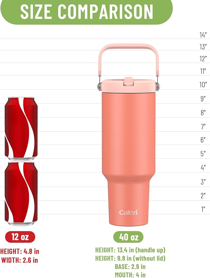 40 oz Flip Straw Tumbler, Stainless Steel Vacuum Insulated Tumblers with Flip Straw and Top Handle, Reusable Insulated Water Bottle for Home, Office, Leakproof, Fit in Cup Holder