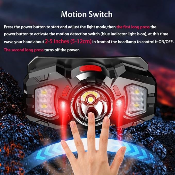 2 Headlamps, White&Red LED Headlamp, 70° Up&Down Adjustable, 4 Clips, Motion Switch, 800 Lumens, 500 Feet Distance and 10 Hours Running Time MAX, IPX5 Waterproof, for Camping, Hiking, Fishing
