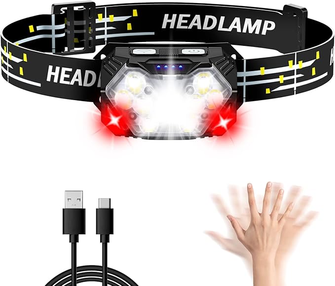 Lsnisni 9 LED Headlamp Rechargeable, 2000 Lumen Super Bright 10 Modes Motion Sensor Head Lamp with White Red Light, Ultralight and Waterproof Headlight Flashlight with USB C Cable for Camping Hiking