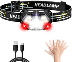 Lsnisni 9 LED Headlamp Rechargeable, 2000 Lumen Super Bright 10 Modes Motion Sensor Head Lamp with White Red Light, Ultralight and Waterproof Headlight Flashlight with USB C Cable for Camping Hiking