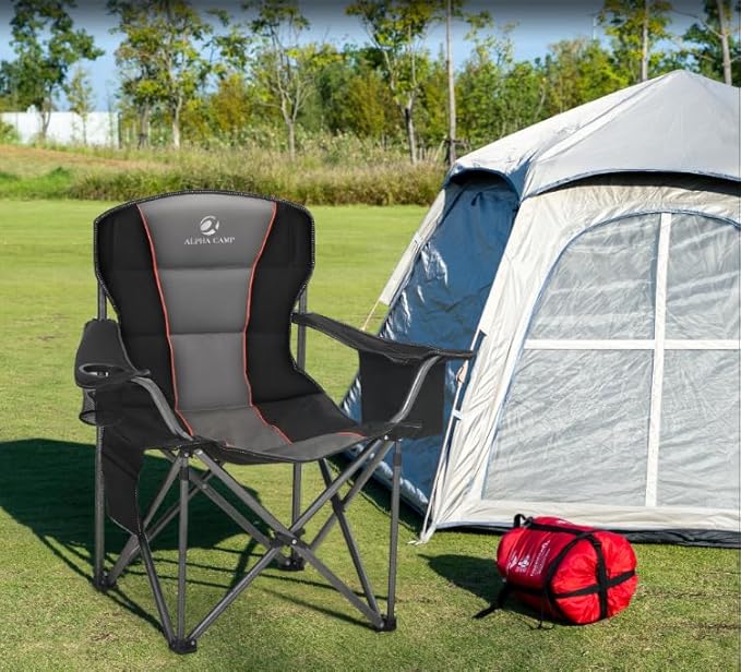 ALPHA CAMP Oversized Folding Camping Chair, Heavy Duty Portable Lawn Chairs with Cooler Bag, Side Pocket & Cup Holder, Folding Chairs for Outside Support 450 LBS