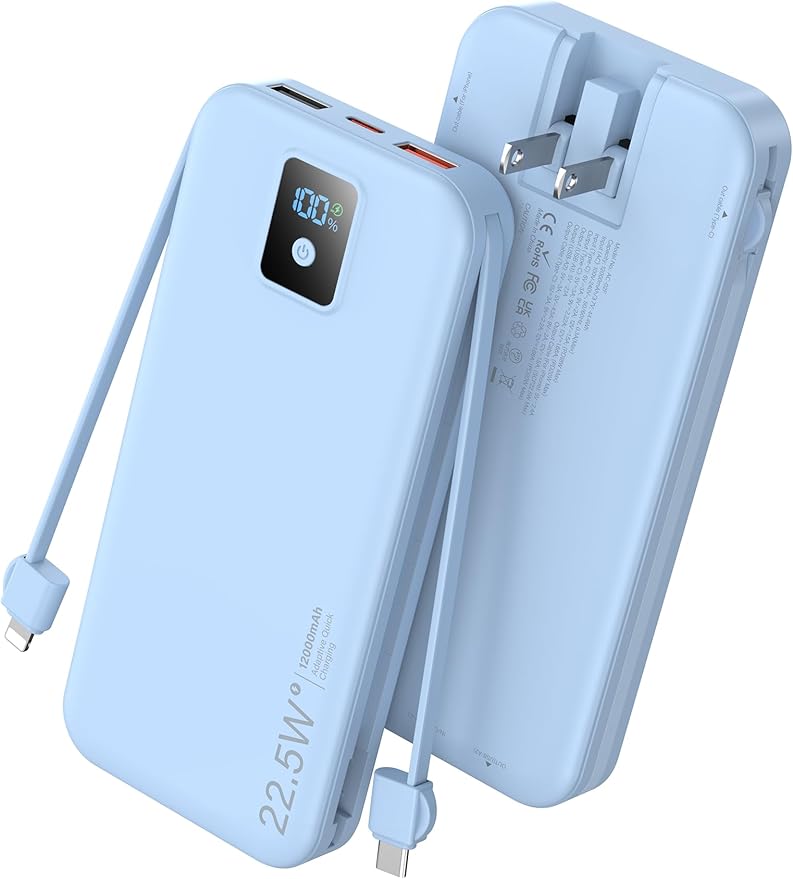 Portable Charger, 12000mAh 22.5W Fast Charging Power Bank with Built-in Cables & Wall Plug, Travel Essential Battery Pack with LED Display, USB C Battery Phone Charger for iPhone, iPad, Samsung Blue