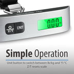 Fosmon Digital Luggage Scale, LCD Display Backlight Temperature Baggage Scale with 110lbs Capacity, Portable Stainless Steel Hanging Luggage Weight Scale with Tare Function for Travelers - Silver