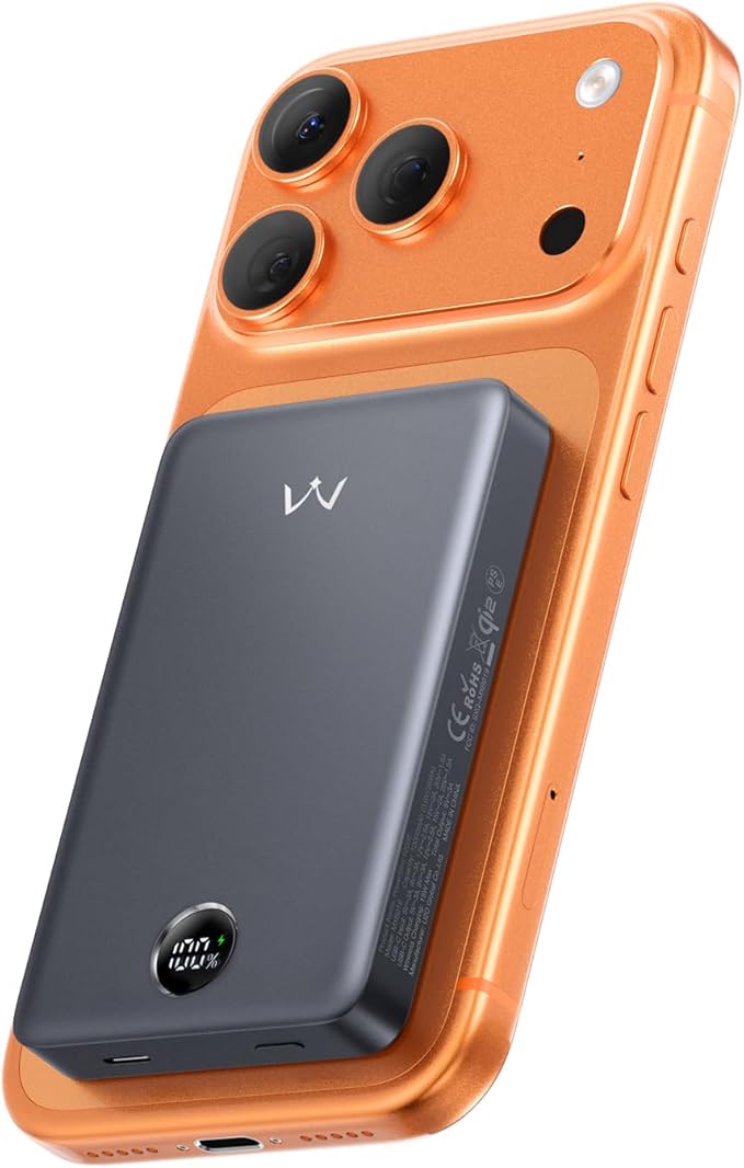 iWALK Magnetic Portable Charger, Qi2 Certified 15W Magnetic Power Bank with LED Display, 30W PD Fast Charging, 10,000mAh Battery Pack, Ergonomic Design, for iPhone 17/16/15/14/13/12 Series Gray