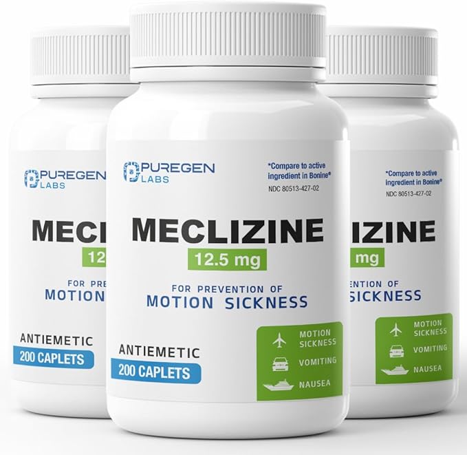 Puregen Labs Meclizine 12.5 mg Antiemetic 600 Caplets Total | Motion Sickness Relief - Prevent Nausea, Vomiting, and Dizziness | Dairy Free | Made in USA | Value Pack – 3 Pack