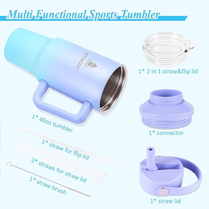 40 oz Tumbler with Handle and Straw or Convert to 40 oz Insulated Water Bottle Fits in Cup Holder. Stainless Steel Metal Water Flask with 2 Lids for Travel,Camping,Gym Sports Coffee Mug Thermal Cup