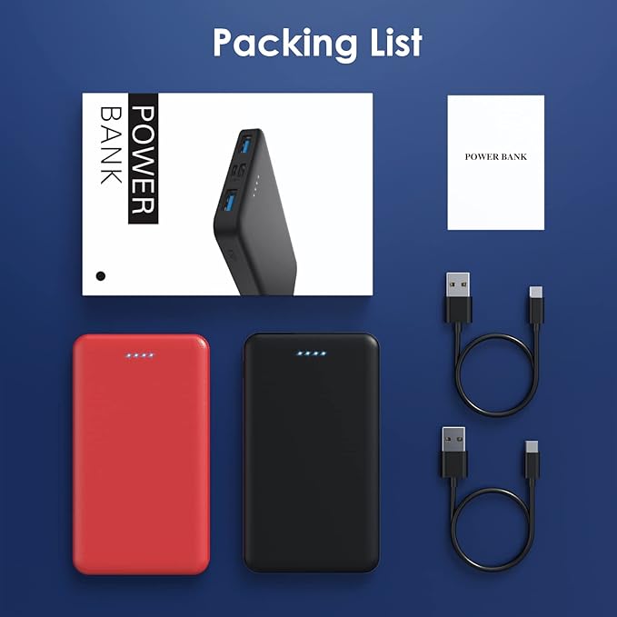 [2 Pack] Portable Charger Power Bank 10000mAh,Ultra Slim Compact External Battery Pack with USB C Input & Dual USB Outputs Backup Charger Compatible with iPhone 13,12, Samsung S20,Tablet-Black+Red