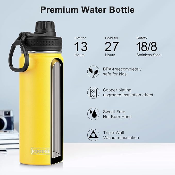 koodee Insulated Water Bottle, 22 oz Stainless Steel Double Wall Vacuum Wide Mouth Sport Bottle with Leakproof Spout Lid (Yellow)