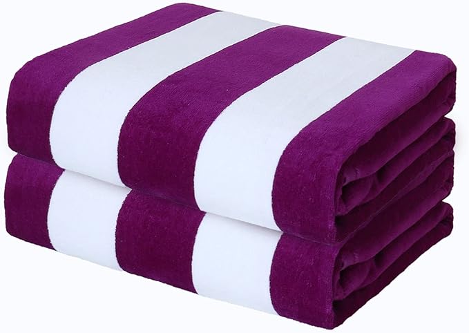 Exclusivo Mezcla 2 Pack Cotton Large 30x60 Inches Cabana Stripe Beach Towels, Super Absorbent Soft Plush Pool Bath Towel (Purple)