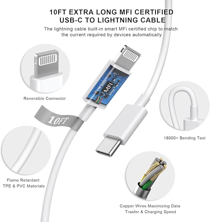 Matsusho iPhone Charger Fast Charging 10 FT, 2 Pack 20W USB C Wall Charger Block with 10FT Long Type C to Lightning Fast Charging Data Sync Cable Compatible for iPhone 14 13 12 11 Pro Max XS XR X iPad