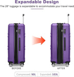 Kono 4 Piece Luggage Sets Expandable(only 28") Lightweight with Spinner Wheels TSA Lock Hardside Travel Rolling Suitcases 20in 24in 28in Carry on and 12in Mini Cosmetic Case Purple
