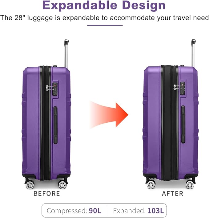 Kono 28 Inch Luggage Expandable Suitcase Lightweight with Spinner Wheels TSA Lock Hardside Large Checked Luggage Durable Rolling Suitcase Purple