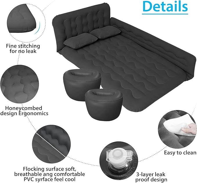 ISWEES Car Bed SUV Air Mattress, Car Air Mattress with Electric Pump, 2 Inflatable Pillows and 2 Footrests for Back Seat, Side Seat,Trunk Sleeping, Thickened Camping Bed - Black