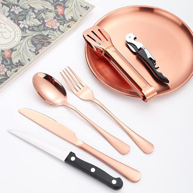 Picnic Tableware Set Camping Flatware Copper/Rose Gold Silverware and Plates Kit for 4 Portable Utensils Stainless Steel Dishes Spoons Forks Knives Bottle Opener Food Tongs