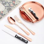 Picnic Tableware Set Camping Flatware Copper/Rose Gold Silverware and Plates Kit for 4 Portable Utensils Stainless Steel Dishes Spoons Forks Knives Bottle Opener Food Tongs