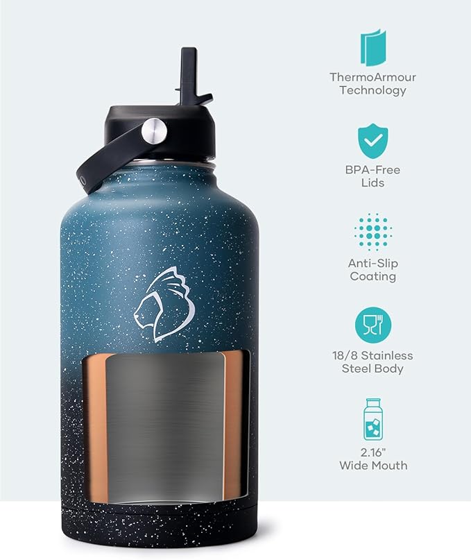BUZIO 64oz Insulated Water Bottle with Straw Lid, Half Gallon Double Wall Food-Grade Stainless Steel Water Bottle with Carrying Pouch, Wide Mouth BPA-Free Sweat-Proof Sports Water Flask, Keep Hot Cold