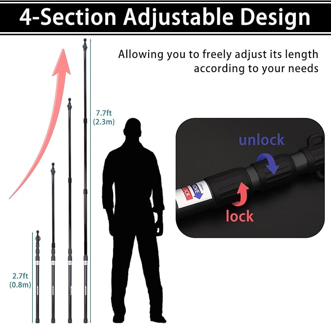 Telescoping Tarp Poles, Heavy Duty 7.67ft Aluminum Tent Poles for Tarp with Rubber Cap, Portable Set of 4 Adjustable Poles for Camping, Awning, Sun Shade, Free Carry Pouch