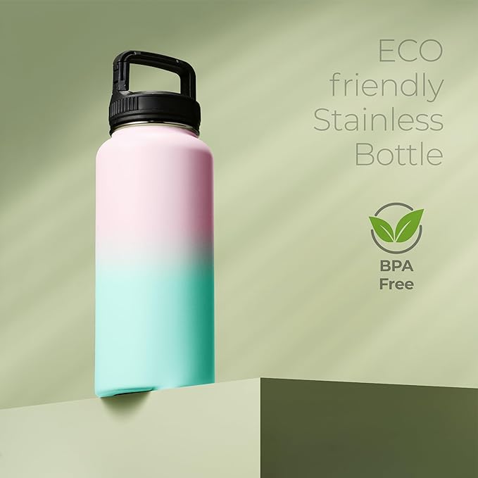 SipX™ Triple-Insulated Stainless Steel Water Bottle 32oz. With 3 Lids, BPA-Free Reusable Insulated Water Bottle Keeps Cold 24 Hours, (Gradiant Mint Pink)
