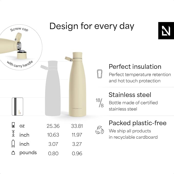 LARS NYSØM Stainless Steel Insulated Water Bottle 25oz 34oz | Insulated Thermo Flask for Hot and Cold Beverages | Leakproof Drinking Bottle (Almond Beige, 33.9oz)