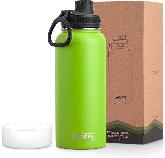 koodee Insulated Water Bottle, 32 oz Stainless Steel Double Wall Vacuum Wide Mouth Sport Bottle with Leakproof Spout Lid (Apple Green)