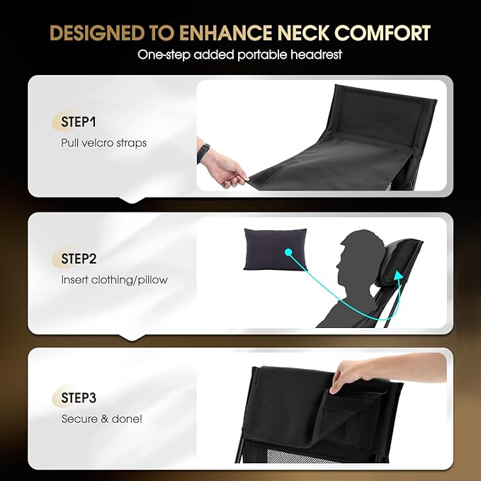 MOON LENCE Oversized Camping Chair for Adults, Height Adjustable High-Back Folding Camping Chair with 400 lbs Capacity, Hidden Pillow Pocket and Wide Seat for Camping, Hiking, Picnics, Black