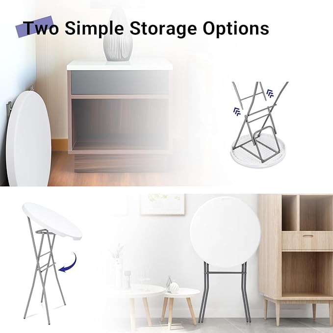 28in Cocktail Table White High Top Folding, Round Portable Bar Height Folding Table with Removable Legs, Indoor Outdoor Banquet for Parties, Commercial, Speech, School