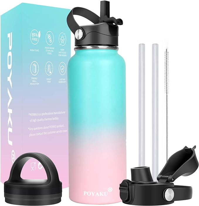 Water Bottle Insulated 32oz 40oz 64oz 128oz Straw Lid Spout Lid & 3 Lids, Leak Proof, Vacuum Insulated,Stainless Steel Water Bottle Wide Mouth for Sports, Gym or Office