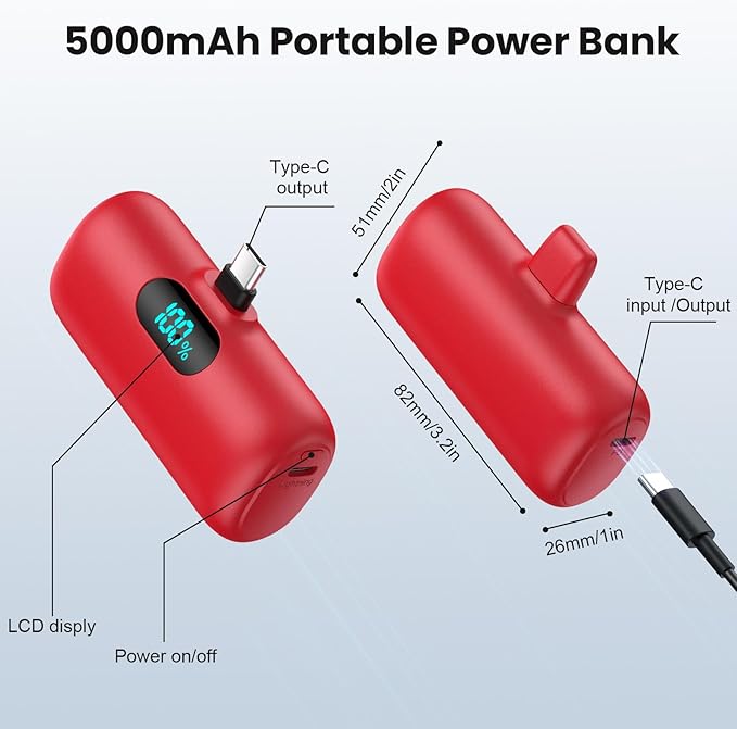 Mini Portable Charger USB C Power Bank,Upgraded 5000mAh PD Fast Charging Battery Pack Built-in USB-C Connector,LCD Display,Compatible with iPhone16,16 Plus,16Pro/Max/15,iPad Pro/Air,Android Phone etc