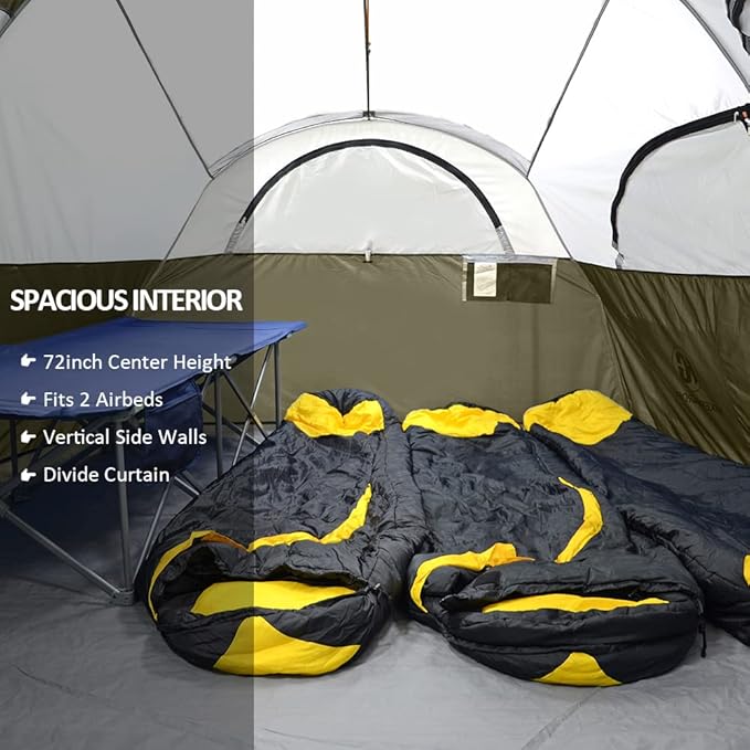 CAMPROS CP Tent 8 Person Camping Tents, Weather Resistant Family Tent, 5 Large Mesh Windows, Double Layer, Divided Curtain for Separated Room, Portable with Carry Bag